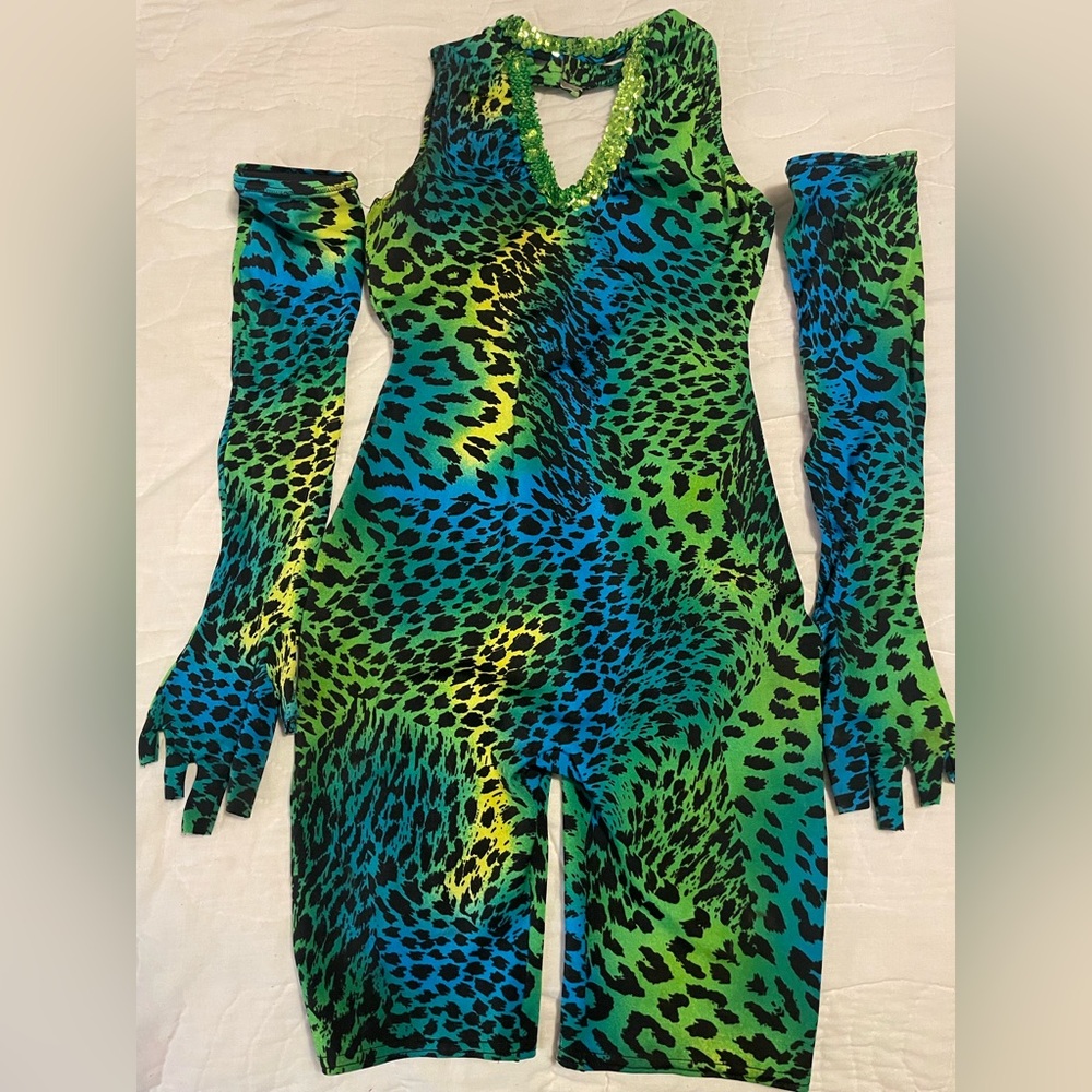 Colorful Small Adult Leopard Print Costume  w/Matching Long Gloves. See Pictures